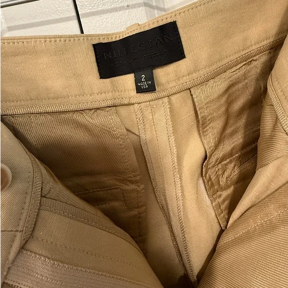 Nili Lotan 2 Dayton $675 Linen Silk Pants High Rise Wide Leg Trouser Pleated Tan